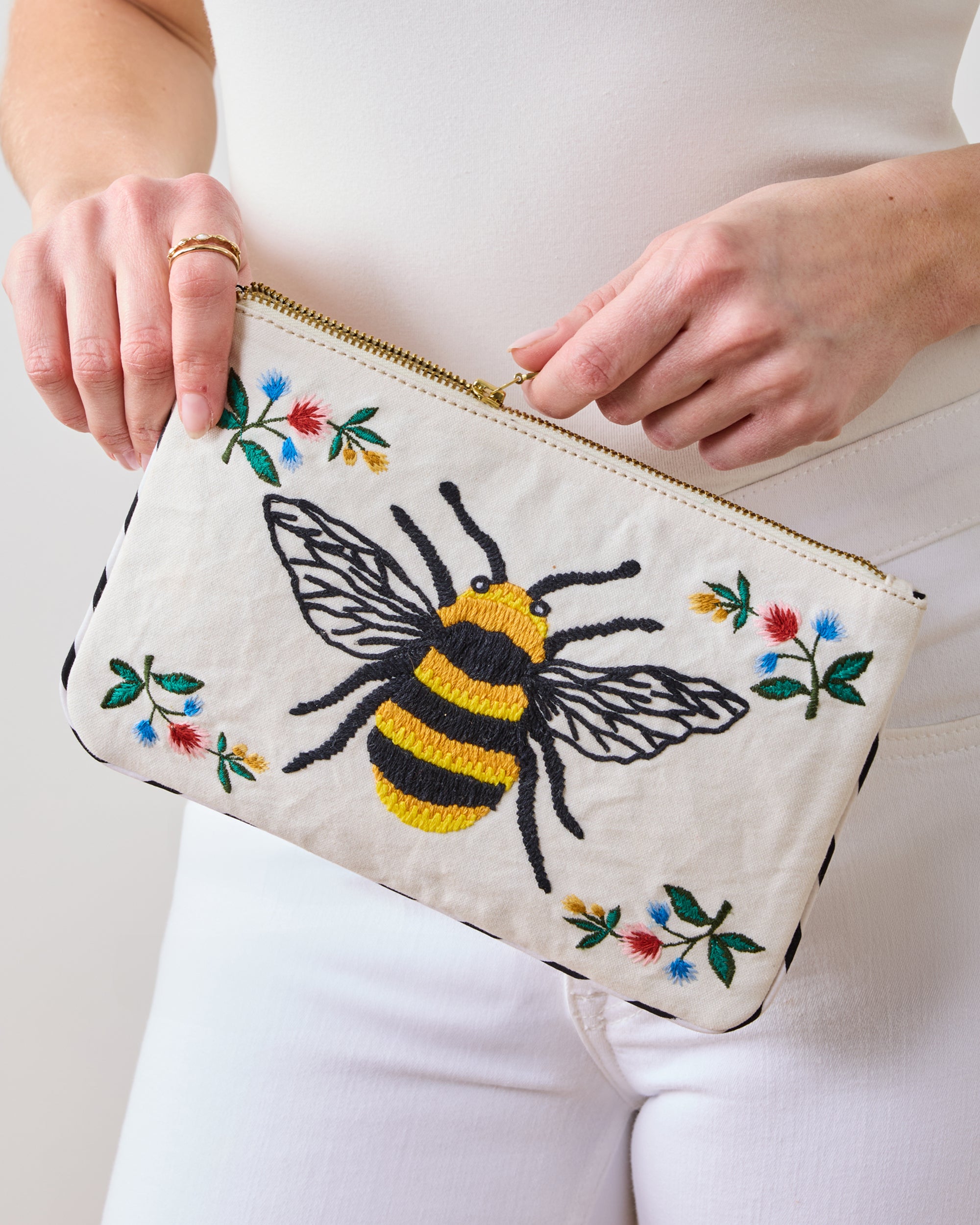 Sweet Bee - Embroidered Pouch - Cream