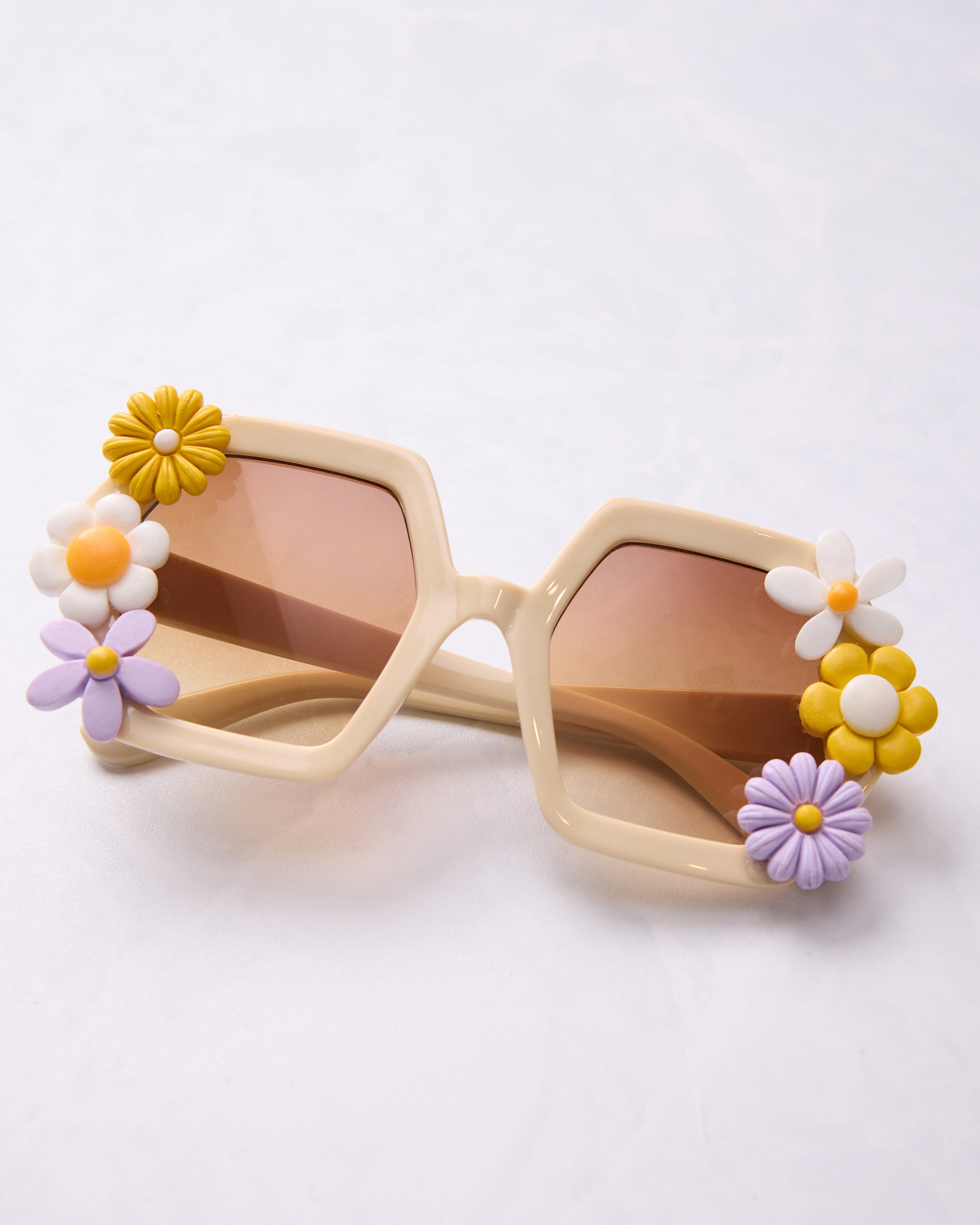 White - Flower Power Women's Retro Sunglasses - Glitter Biscuits