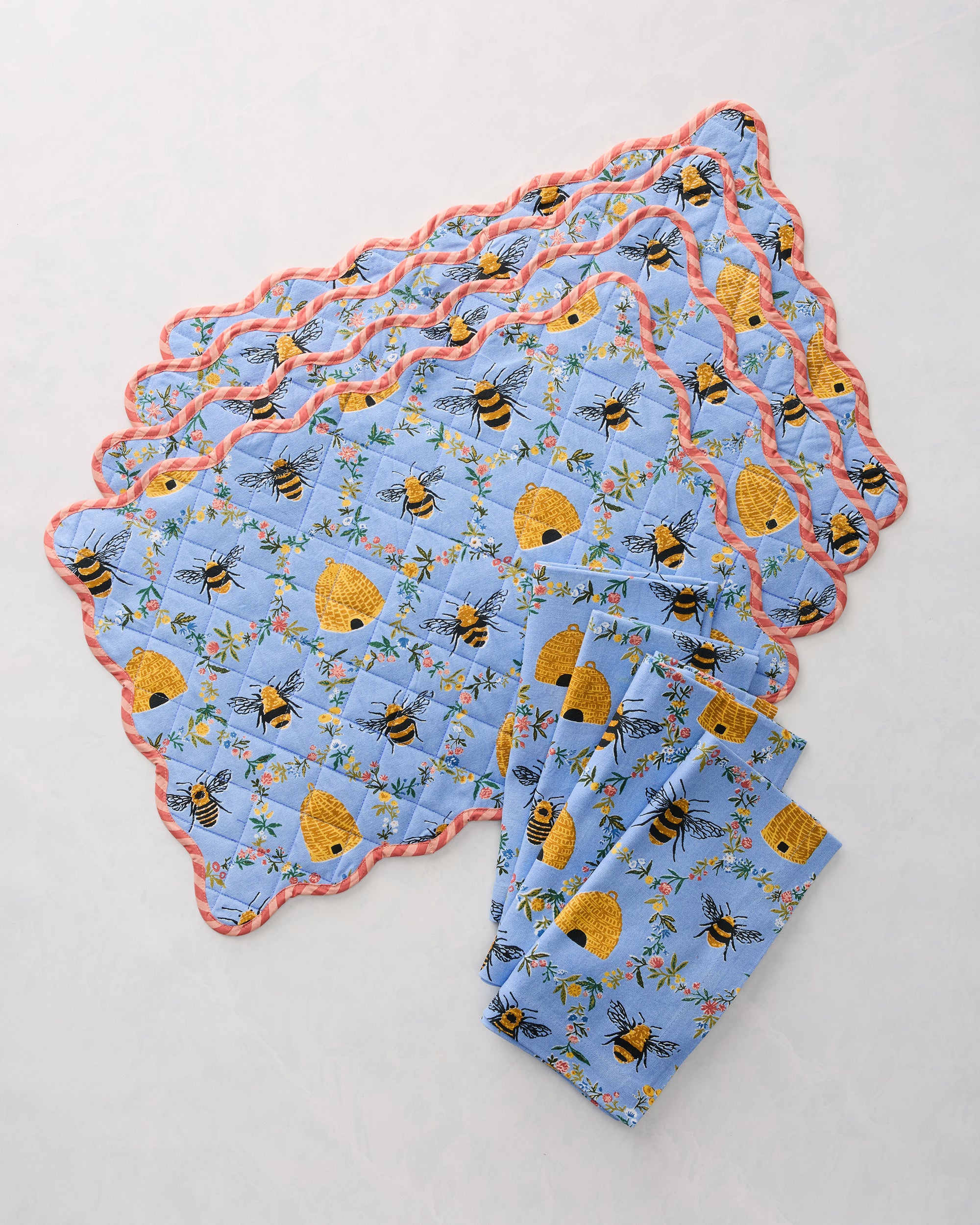 Sweet Bee - Set of 4 Placemats & Napkins Set - Soft Blue