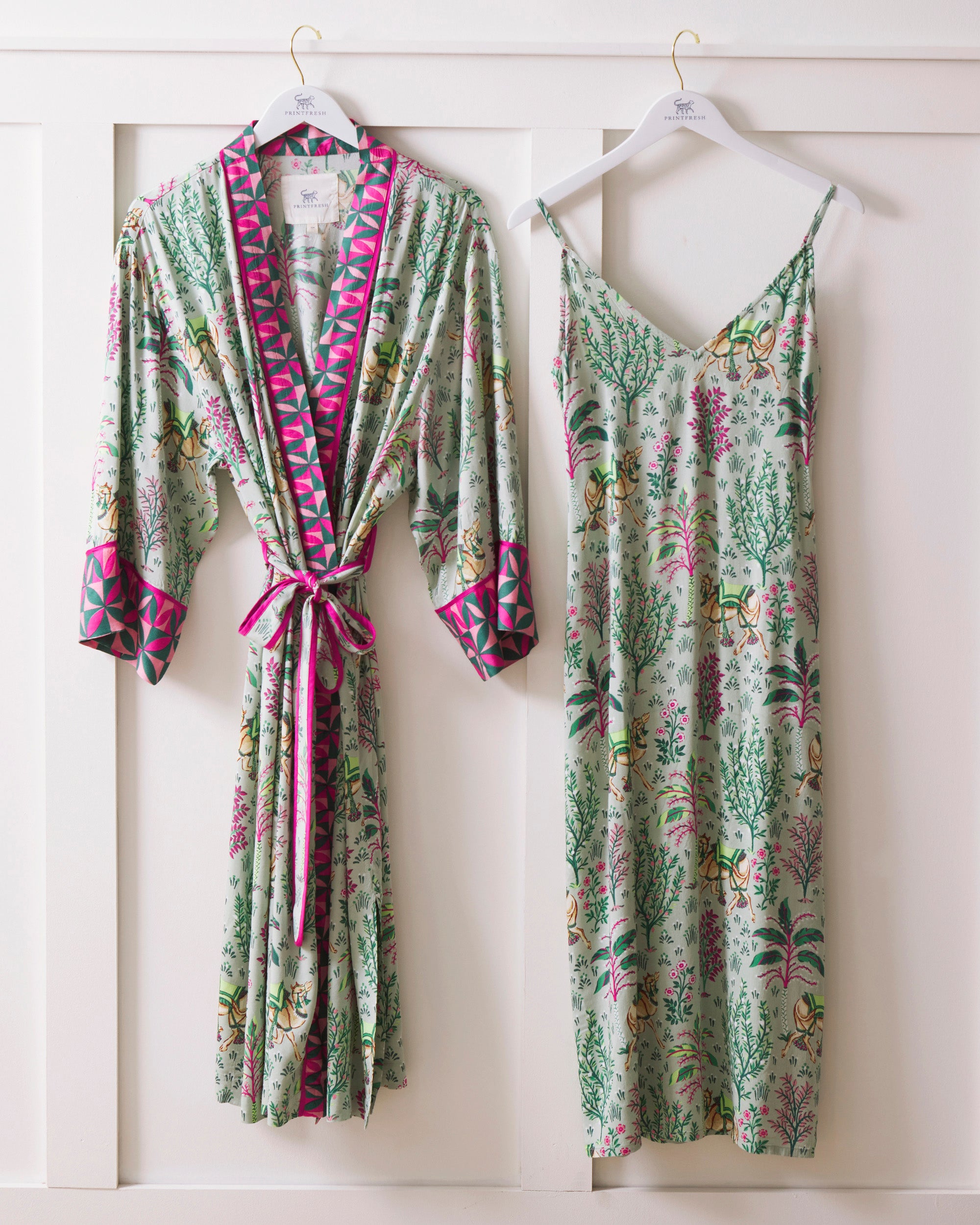 Camel's Courtyard - Eco Satin Chic to Sleep Nightie and Eco Satin Robe Set - Avocado