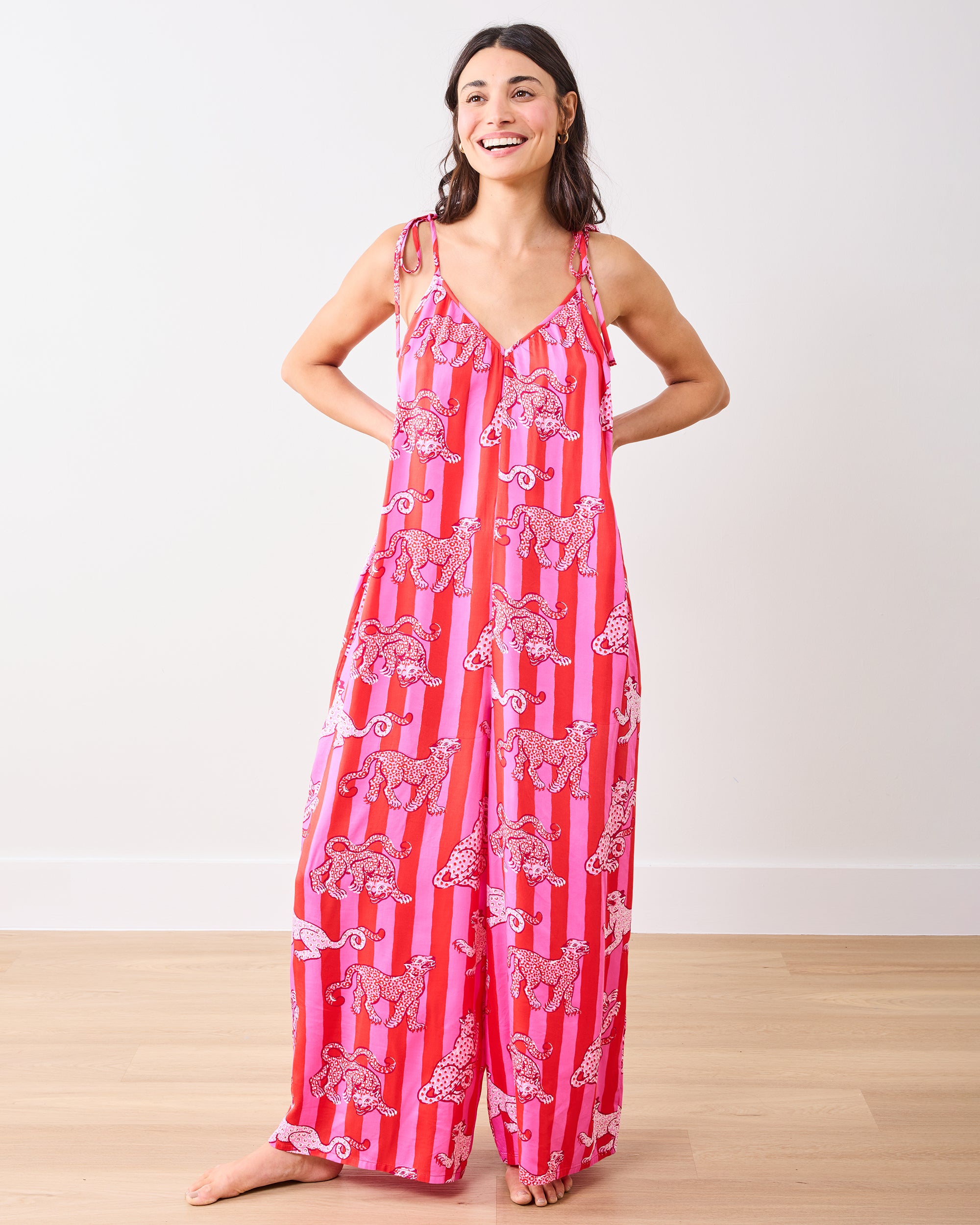 Leopard Stripes - Eco Satin Jaipur Jumpsuit - Pink Cabana